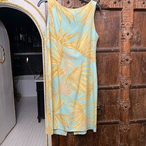Tori Richard Honolulu 100% Silk Tropical Palm Leaf Sheath Dress Aqua Gold Size M